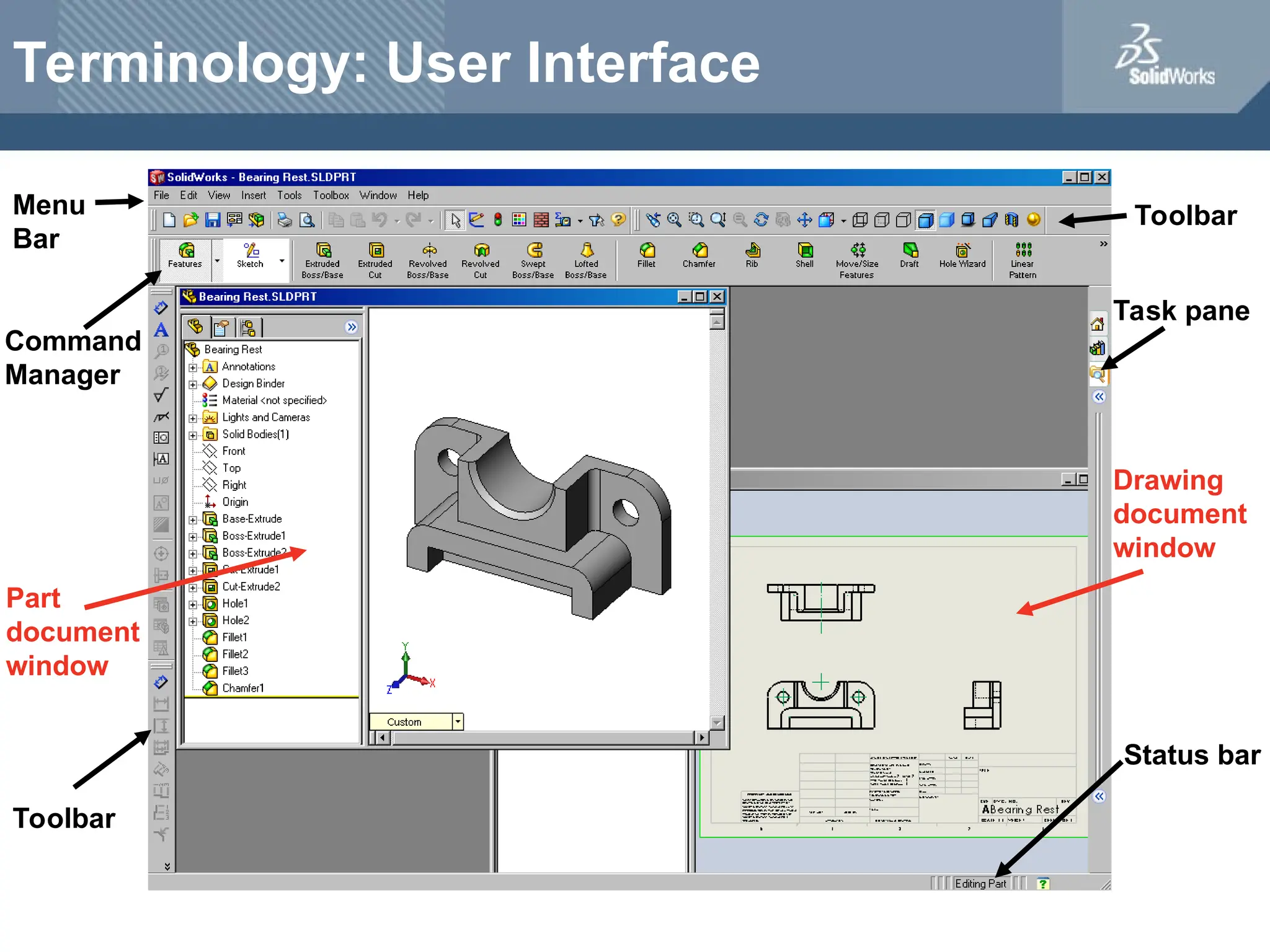 Terminology: User Interface
Toolbar
Toolbar
Menu
Bar
Task pane
Status bar
Command
Manager
Drawing
document
window
Part
document
window
 