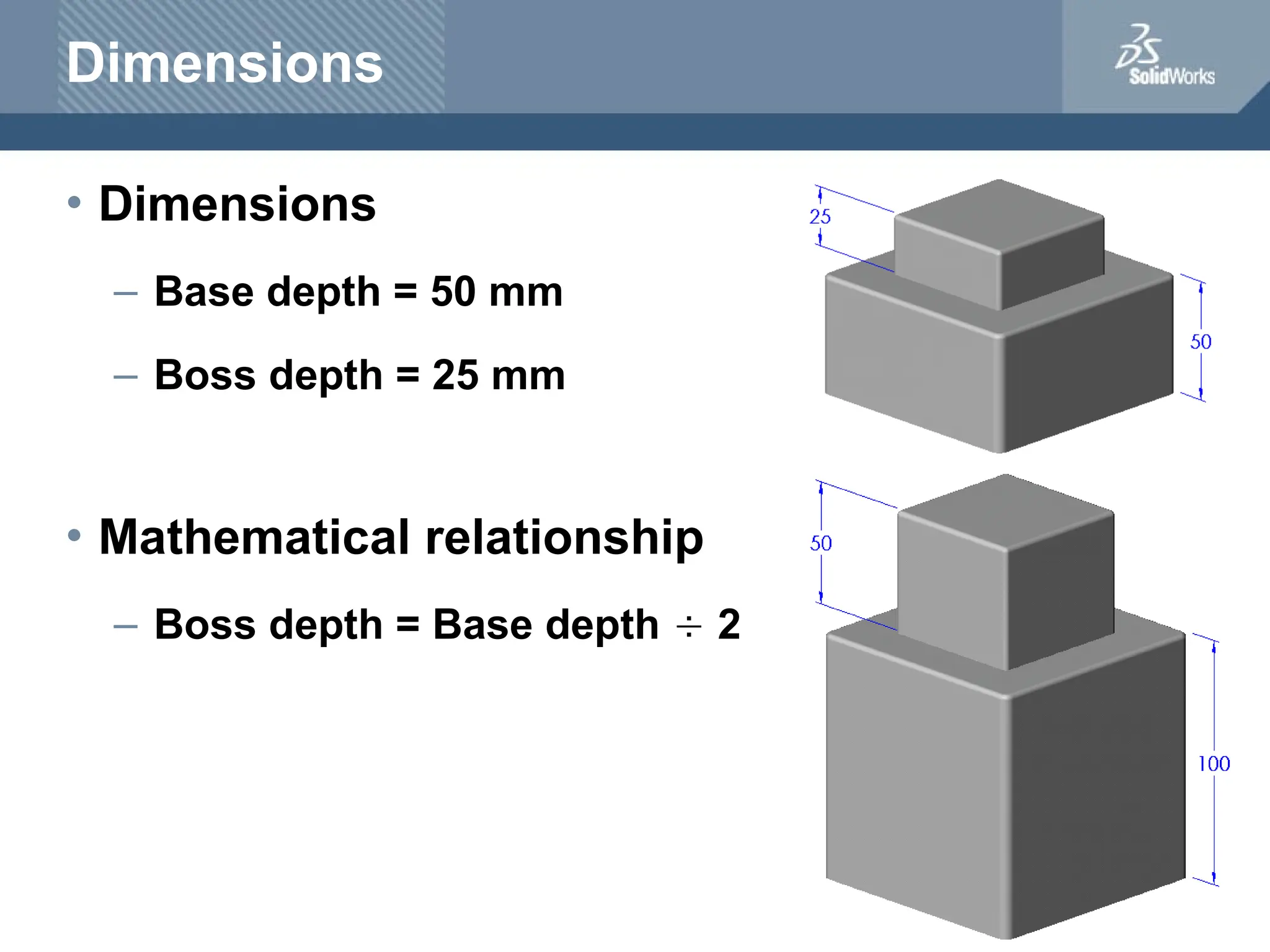 Dimensions
• Dimensions
– Base depth = 50 mm
– Boss depth = 25 mm
• Mathematical relationship
– Boss depth = Base depth  2
 