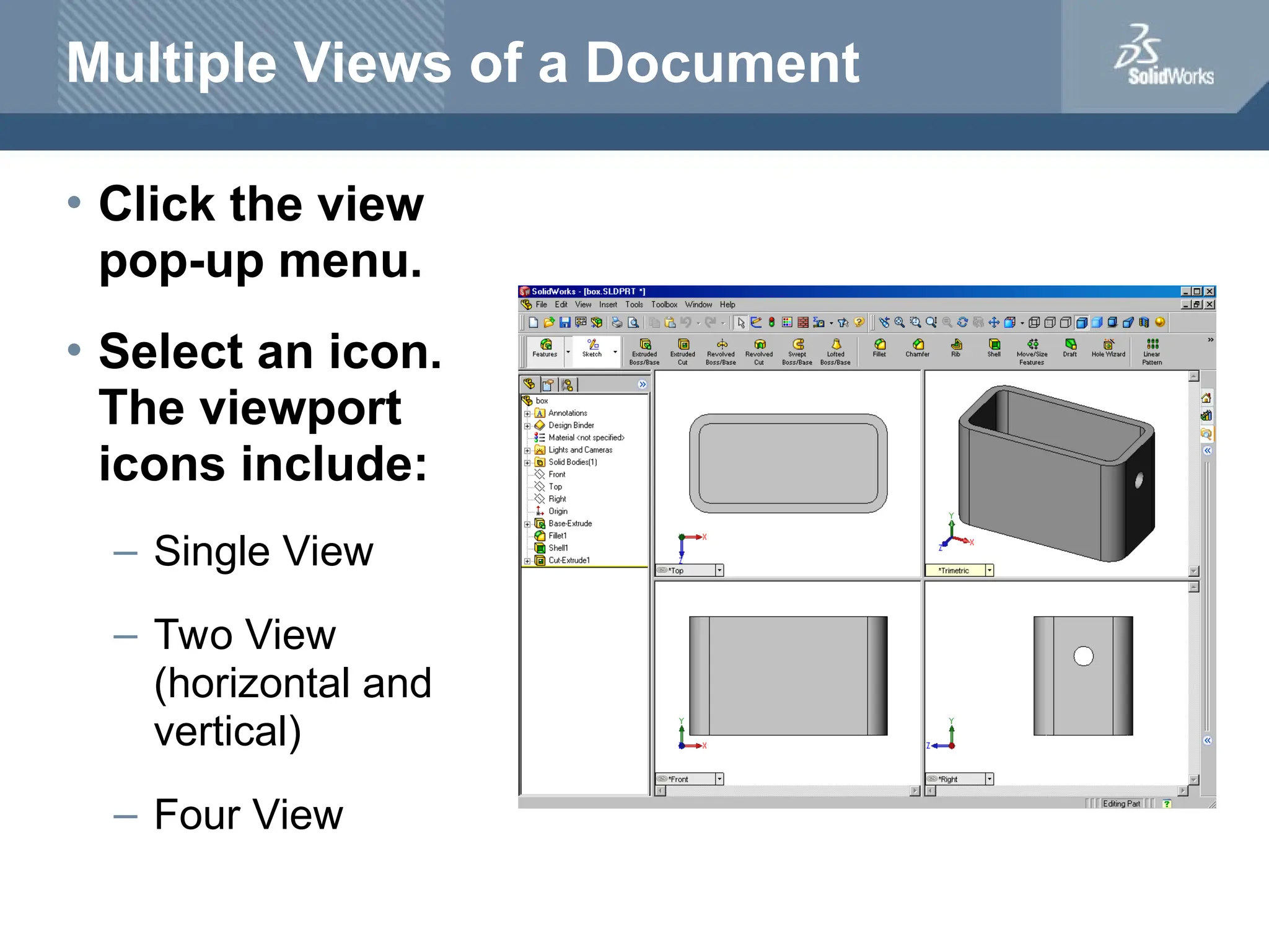 Multiple Views of a Document
• Click the view
pop-up menu.
• Select an icon.
The viewport
icons include:
– Single View
– Two View
(horizontal and
vertical)
– Four View
 