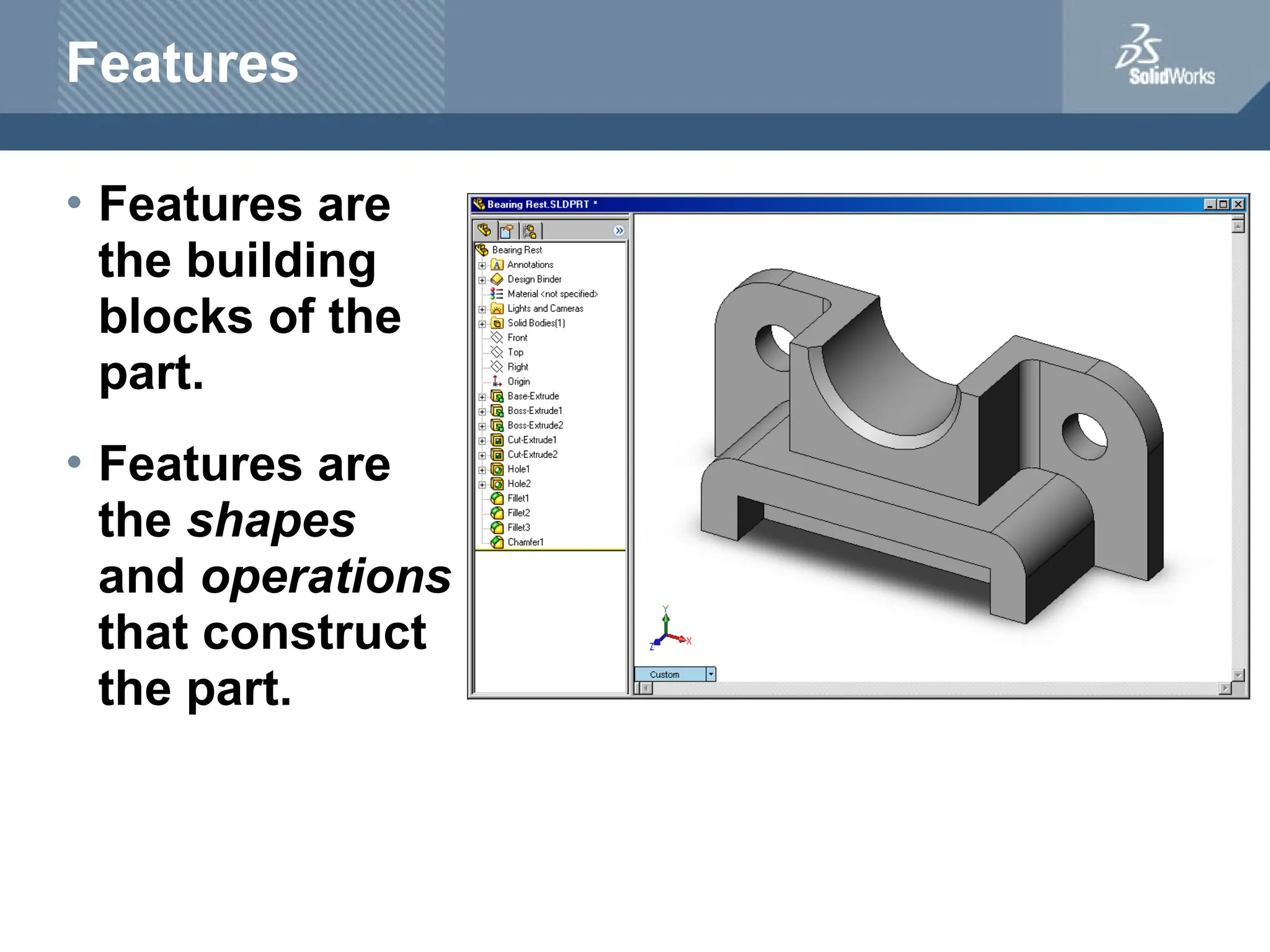 Features
• Features are
the building
blocks of the
part.
• Features are
the shapes
and operations
that construct
the part.
 