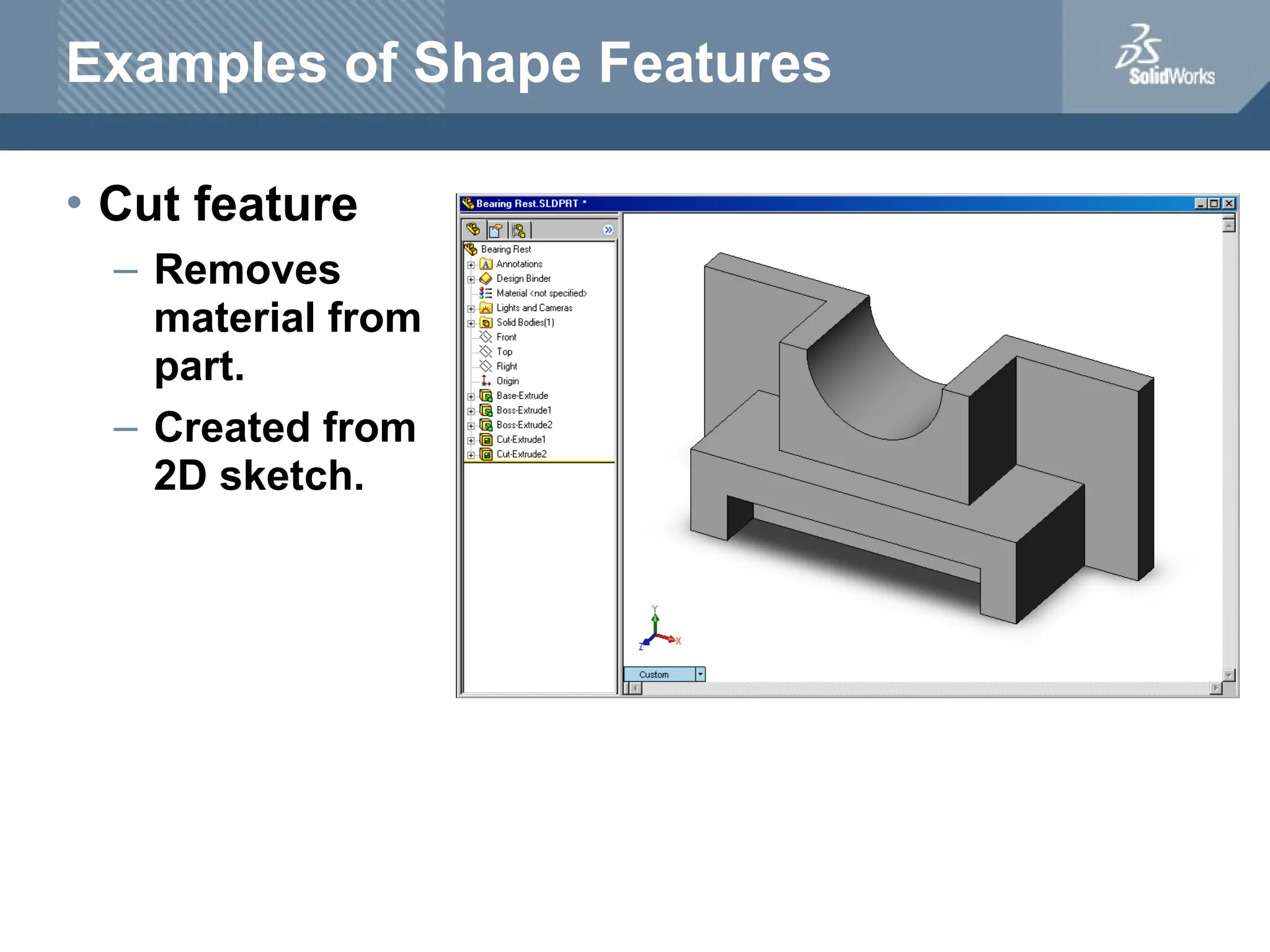 Examples of Shape Features
• Cut feature
– Removes
material from
part.
– Created from
2D sketch.
 