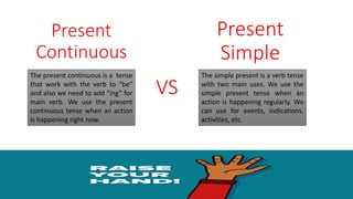 Present
Continuous
Present
Simple
VS
The simple present is a verb tense
with two main uses. We use the
simple present tense when an
action is happening regularly. We
can use for events, indications,
activities, etc.
The present continuous is a tense
that work with the verb to “be”
and also we need to add “ing” for
main verb. We use the present
continuous tense when an action
is happening right now.