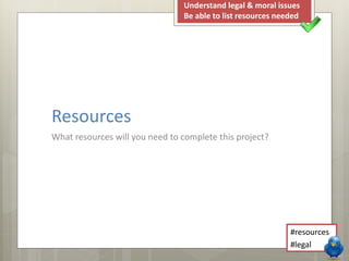 Resources
What resources will you need to complete this project?
Understand system requirements
Be able to list resources needed
#hardware
#software
 