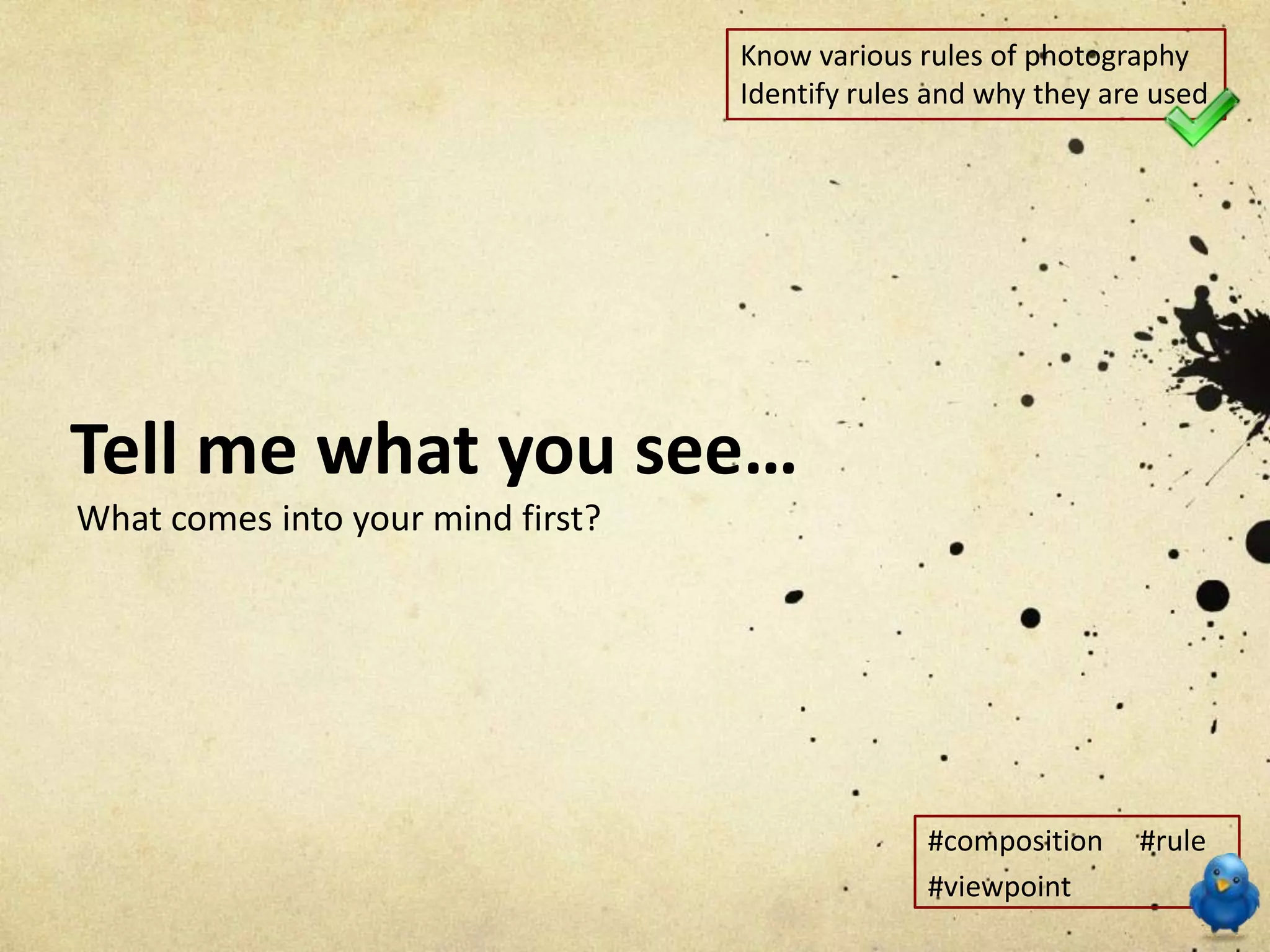 Know various rules of photography
Identify rules and why they are used
Tell me what you see…
What comes into your mind first?
#composition #rule
#viewpoint
