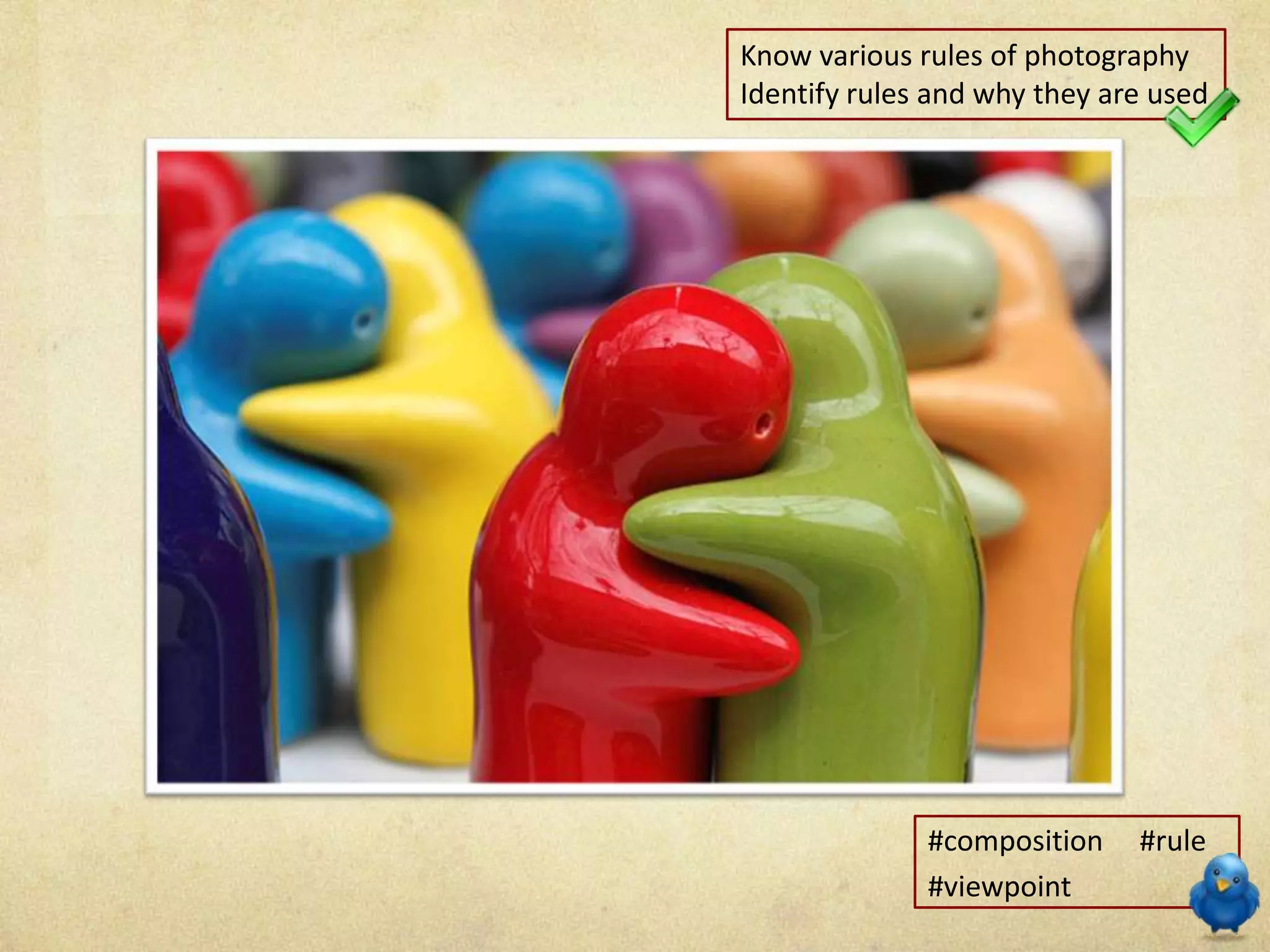 Know various rules of photography
Identify rules and why they are used
#composition #rule
#viewpoint