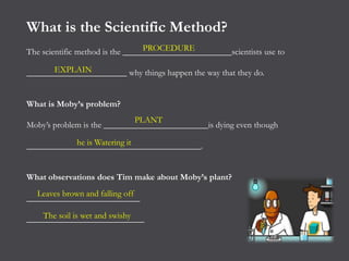 What is the Scientific Method?
                                  PROCEDURE
The scientific method is the _________________________scientists use to

      EXPLAIN
_______________________ why things happen the way that they do.


What is Moby’s problem?
                             PLANT
Moby’s problem is the ________________________is dying even though

            he is Watering it
________________________________________.


What observations does Tim make about Moby’s plant?
  Leaves brown and falling off
__________________________

    The soil is wet and swishy
___________________________
 