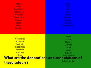 Anger 
Love 
Negativity 
Aggression 
Socialism 
Communism 
Danger 
Blood 
Heat 
Passion 
Calm 
Cold 
Ice 
Boys 
Water 
Sadness 
Royalty 
Trueness 
Conservatism 
Envy 
Greed 
Nature 
Growth 
Grass 
Youth 
Money 
Inexperience 
Sickness 
St Patricks Day 
Cowardice 
Sunshine 
Electricity 
Happiness 
Summer 
Caution 
Hope 
What are the denotations and connotations of 
these colours? 
 