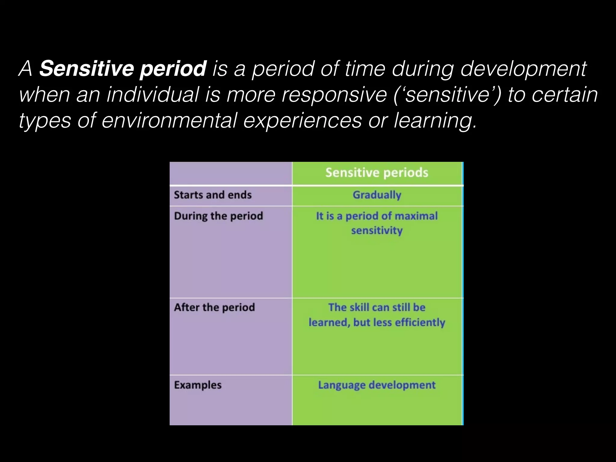 A Sensitive period is a period of time during development
when an individual is more responsive (‘sensitive’) to certain
types of environmental experiences or learning.