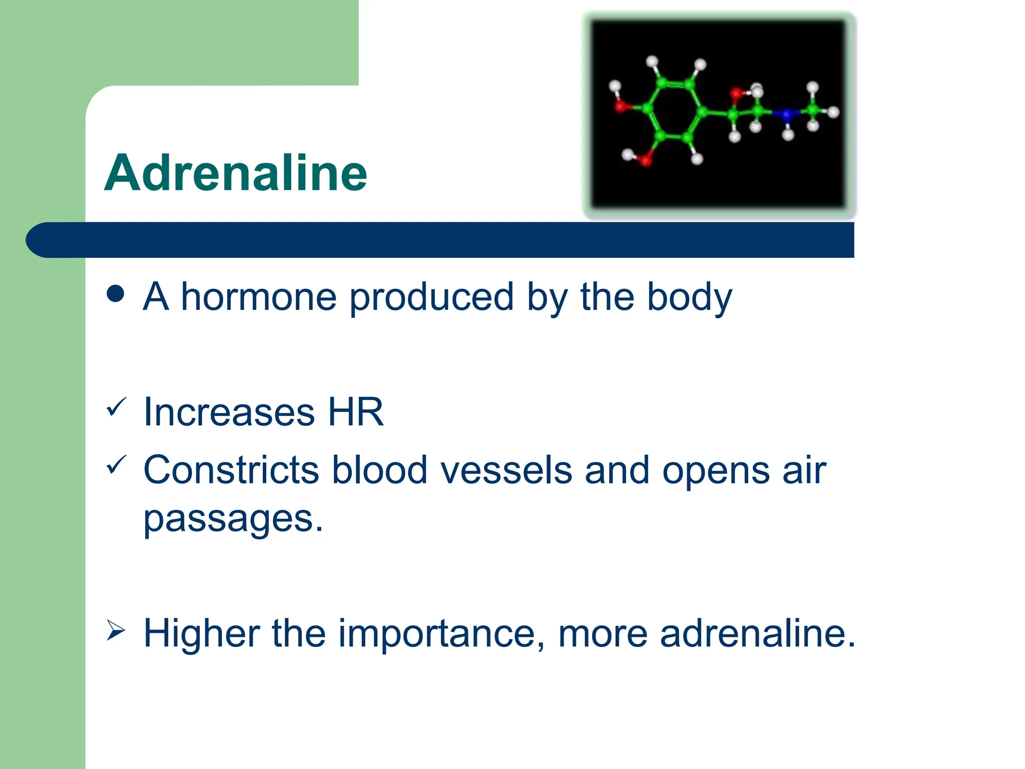 Adrenaline A hormone produced by the body Increases HR Constricts blood vessels and opens air passages. Higher the importance, more adrenaline. 