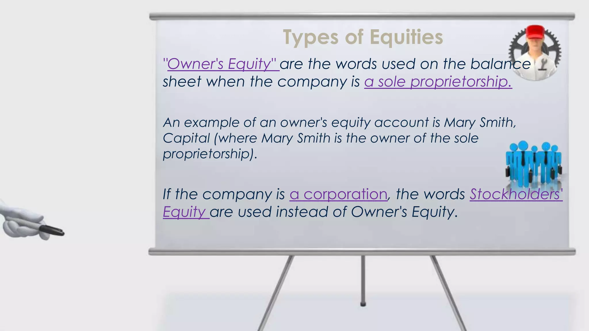Types of Equities
"Owner's Equity" are the words used on the balance
sheet when the company is a sole proprietorship.

An example of an owner's equity account is Mary Smith,
Capital (where Mary Smith is the owner of the sole
proprietorship).


If the company is a corporation, the words Stockholders'
Equity are used instead of Owner's Equity.
 