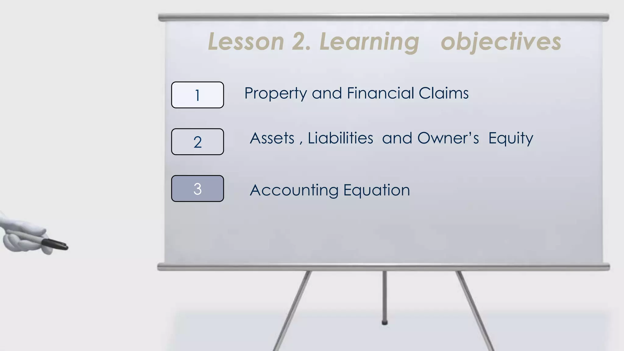 Lesson 2. Learning objectives

1      Property and Financial Claims


2      Assets , Liabilities and Owner’s Equity


3      Accounting Equation
 