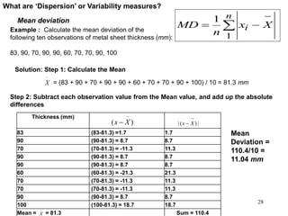 What are ‘Dispersion’ or Variability measures?
Mean deviation



n
i Xx
n
MD
1
1
28
Example : Calculate the mean deviation of the
following ten observations of metal sheet thickness (mm):
83, 90, 70, 90, 90, 60, 70, 70, 90, 100
Solution: Step 1: Calculate the Mean
X

= (83 + 90 + 70 + 90 + 90 + 60 + 70 + 70 + 90 + 100) / 10 = 81.3 mm
Step 2: Subtract each observation value from the Mean value, and add up the absolute
differences
Thickness (mm)
83 (83-81.3) =1.7 1.7
90 (90-81.3) = 8.7 8.7
70 (70-81.3) = -11.3 11.3
90 (90-81.3) = 8.7 8.7
90 (90-81.3) = 8.7 8.7
60 (60-81.3) = -21.3 21.3
70 (70-81.3) = -11.3 11.3
70 (70-81.3) = -11.3 11.3
90 (90-81.3) = 8.7 8.7
100 (100-81.3) = 18.7 18.7
Mean = = 81.3 Sum = 110.4
)(

 Xx |)(|

 Xx

X
Mean
Deviation =
110.4/10 =
11.04 mm
 