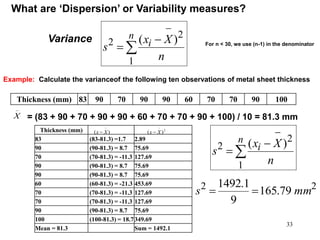What are ‘Dispersion’ or Variability measures?
Variance
Thickness (mm) 83 90 70 90 90 60 70 70 90 100
X

= (83 + 90 + 70 + 90 + 90 + 60 + 70 + 70 + 90 + 100) / 10 = 81.3 mm
For n < 30, we use (n-1) in the denominator
Example: Calculate the varianceof the following ten observations of metal sheet thickness
Thickness (mm)
83 (83-81.3) =1.7 2.89
90 (90-81.3) = 8.7 75.69
70 (70-81.3) = -11.3 127.69
90 (90-81.3) = 8.7 75.69
90 (90-81.3) = 8.7 75.69
60 (60-81.3) = -21.3 453.69
70 (70-81.3) = -11.3 127.69
70 (70-81.3) = -11.3 127.69
90 (90-81.3) = 8.7 75.69
100 (100-81.3) = 18.7349.69
Mean = 81.3 Sum = 1492.1
)(

 Xx 2
)(

 Xx
22
79.165
9
1.1492
mms 
33




n
i
n
Xx
s
1
2
2 )(




n
i
n
Xx
s
1
2
2 )(
 