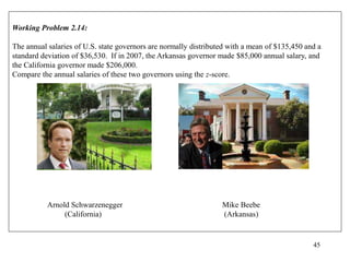 45
Working Problem 2.14:
The annual salaries of U.S. state governors are normally distributed with a mean of $135,450 and a
standard deviation of $36,530. If in 2007, the Arkansas governor made $85,000 annual salary, and
the California governor made $206,000.
Compare the annual salaries of these two governors using the z-score.
Arnold Schwarzenegger Mike Beebe
(California) (Arkansas)
 