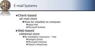 E-mail Systems
⚫Client-based
⚫E-mail client
⚫Must be installed on computer
⚫Apple Mail
⚫Microsoft Outlook
⚫Web-based
⚫Webmail client
⚫No installation necessary -- free
⚫Google’s Gmail
⚫Microsoft’s Hotmail
⚫Yahoo!’s Yahoo!mail
 