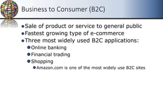 Business to Consumer (B2C)
⚫Sale of product or service to general public
⚫Fastest growing type of e-commerce
⚫Three most widely used B2C applications:
⚫Online banking
⚫Financial trading
⚫Shopping
⚫Amazon.com is one of the most widely use B2C sites
 