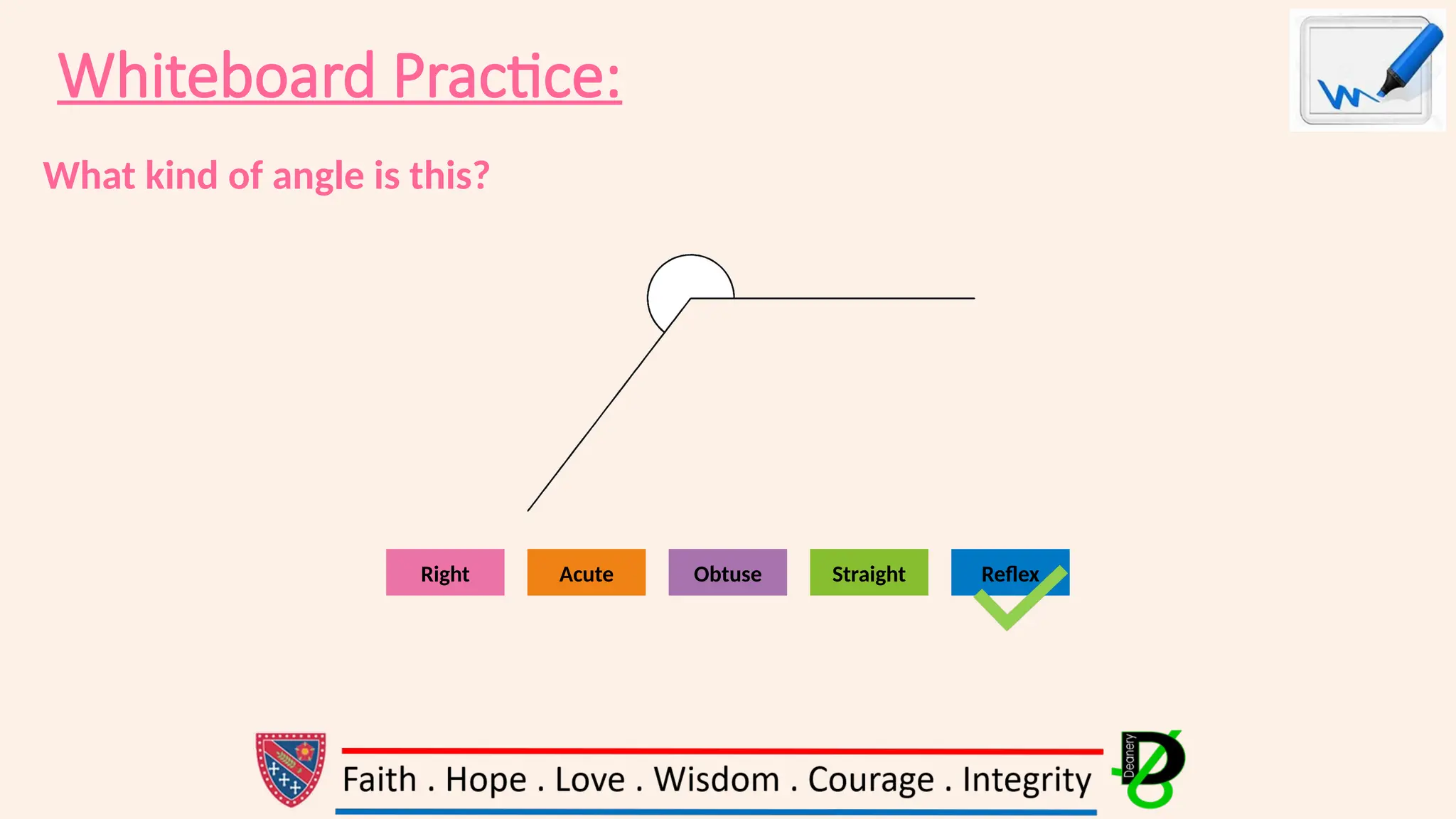 Whiteboard Practice:
What kind of angle is this?
Acute
Right Obtuse Straight Reflex
 