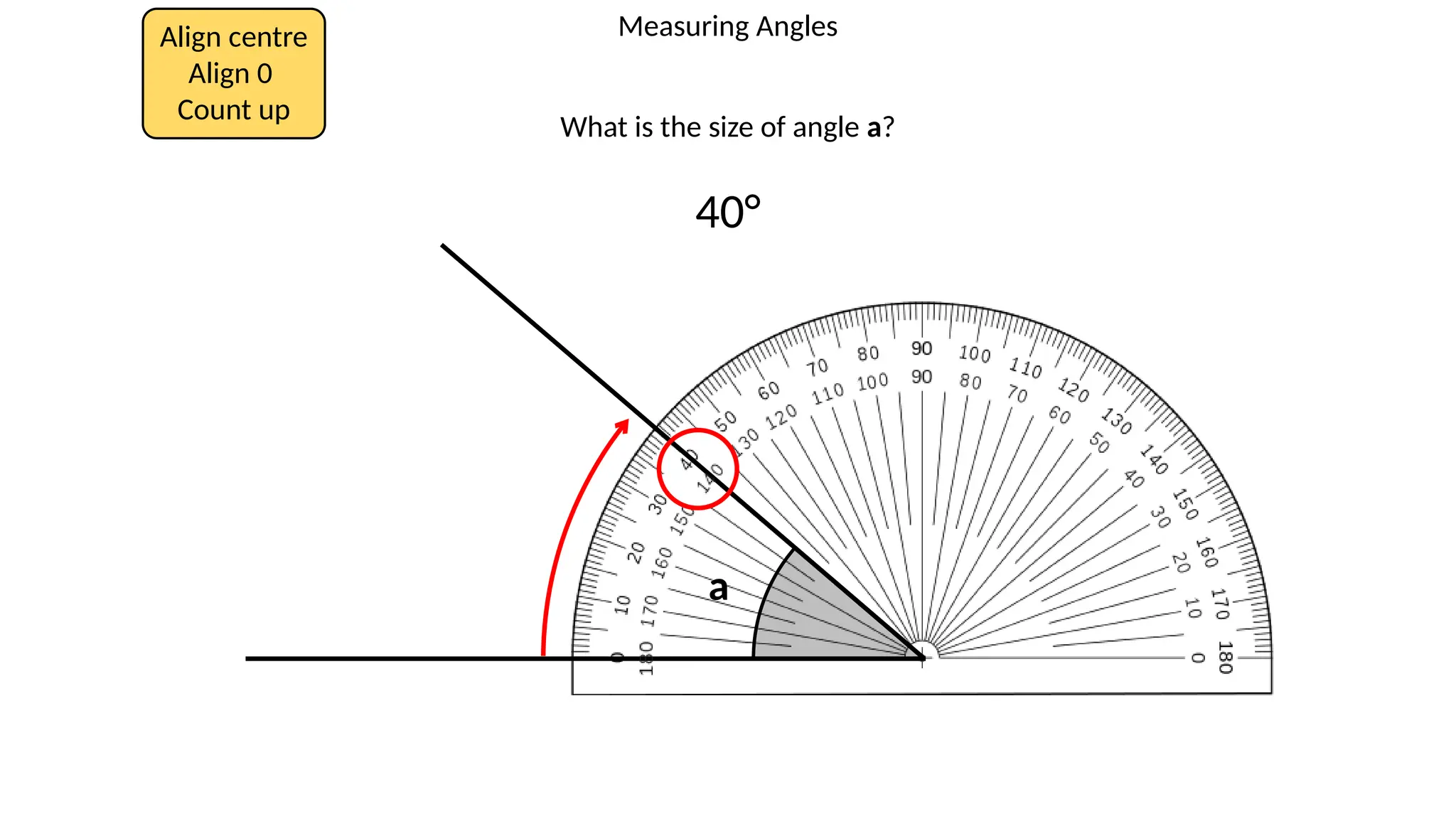 Measuring Angles
Align centre
Align 0
Count up
What is the size of angle a?
a
40°
 