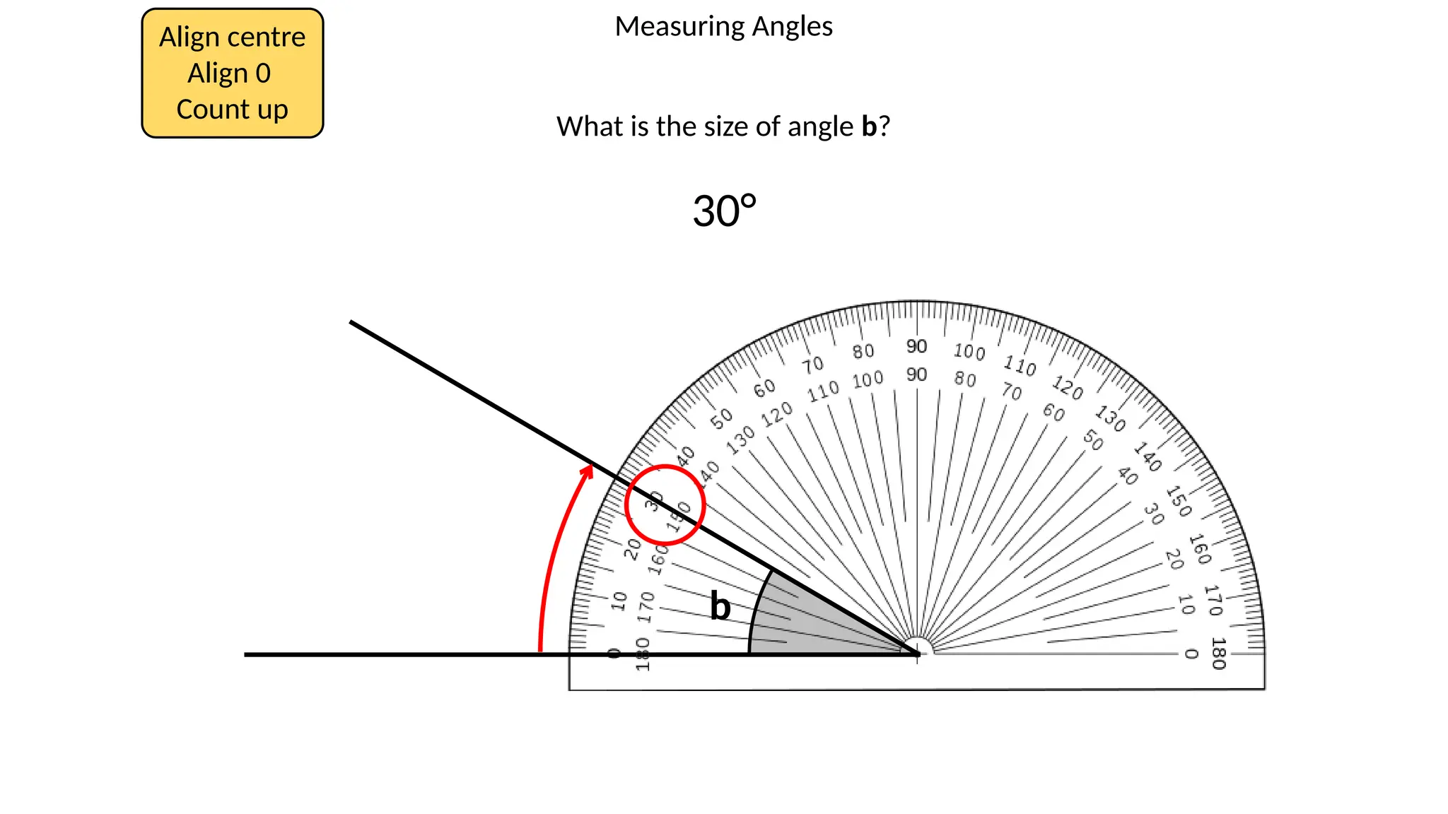Measuring Angles
Align centre
Align 0
Count up
What is the size of angle b?
b
30°
 