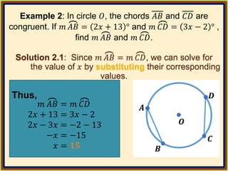 Example 2: In circle 𝑂, the chords 𝐴𝐵 and 𝐶𝐷 are
congruent. If 𝑚 𝐴𝐵 = 2𝑥 + 13 ° and 𝑚 𝐶𝐷 = 3𝑥 − 2 ° ,
find 𝑚 𝐴𝐵 and 𝑚 𝐶𝐷.
Solution 2.1: Since 𝑚 𝐴𝐵 = 𝑚 𝐶𝐷, we can solve for
the value of 𝑥 by substituting their corresponding
values.
Thus,
𝑚 𝐴𝐵 = 𝑚 𝐶𝐷
2𝑥 + 13 = 3𝑥 − 2
2𝑥 − 3𝑥 = −2 − 13
−𝑥 = −15
𝑥 = 𝟏𝟓
 