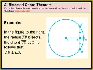 A. Bisected Chord Theorem
If a radius of a circle bisects a chord on the same circle, then the radius and the
chord are perpendicular.
Example:
In the figure to the right,
the radius 𝐴𝐵 bisects
the chord 𝐶𝐷 at 𝑋. It
follows that
𝐴𝐵 ⊥ 𝐶𝐷.
 