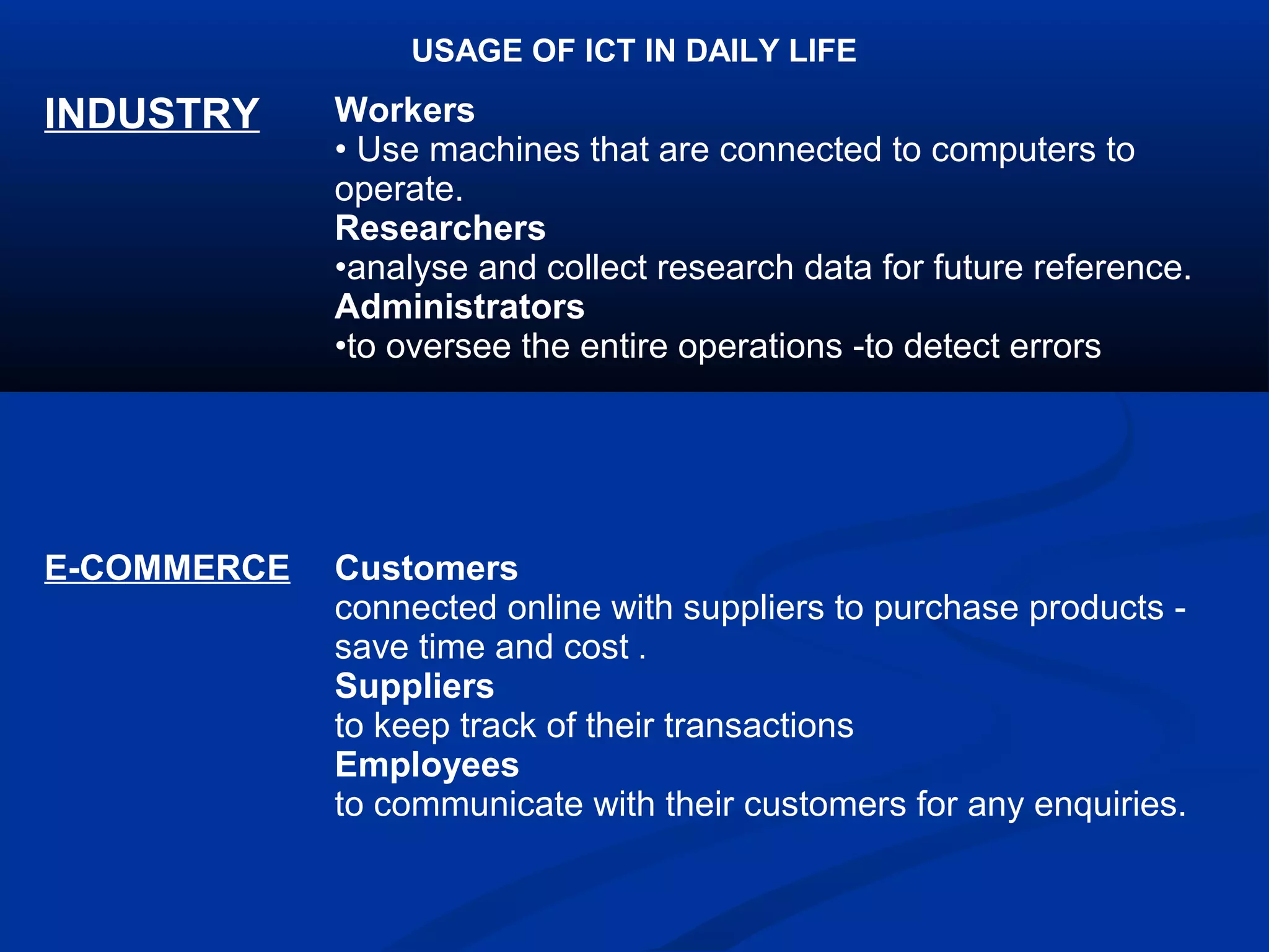 USAGE OF ICT IN DAILY LIFE
INDUSTRY Workers
• Use machines that are connected to computers to
operate.
Researchers
•analyse and collect research data for future reference.
Administrators
•to oversee the entire operations -to detect errors
E-COMMERCE Customers
connected online with suppliers to purchase products -
save time and cost .
Suppliers
to keep track of their transactions
Employees
to communicate with their customers for any enquiries.
 
