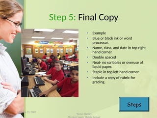 Step 5: Final Copy
• Example
• Blue or black ink or word
processor.
• Name, class, and date in top right
hand corner.
• Double spaced
• Neat- no scribbles or overuse of
liquid paper.
• Staple in top left hand corner.
• Include a copy of rubric for
grading.
• March 23, 2007
•Kristi Hartley
•Taylor County Middle School
Steps
 