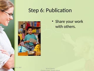 Step 6: Publication
• Share your work
with others.
• March 23, 2007
•Kristi Hartley
•Taylor County Middle School
 