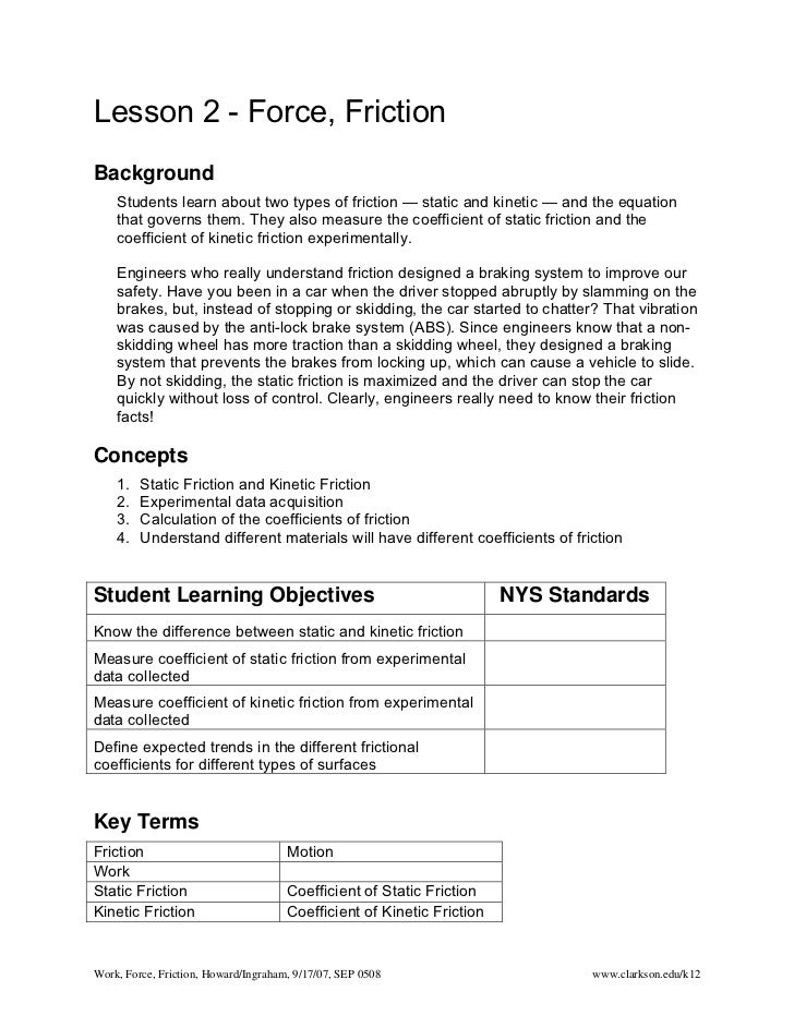 Worksheets Coefficient Of Friction Worksheet lesson2 work force friction lesson 2 frictionbackground students learn about two types of static and