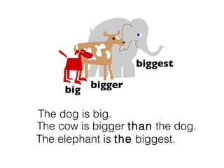 The dog is big.
The cow is bigger than the dog.
The elephant is the biggest.
 