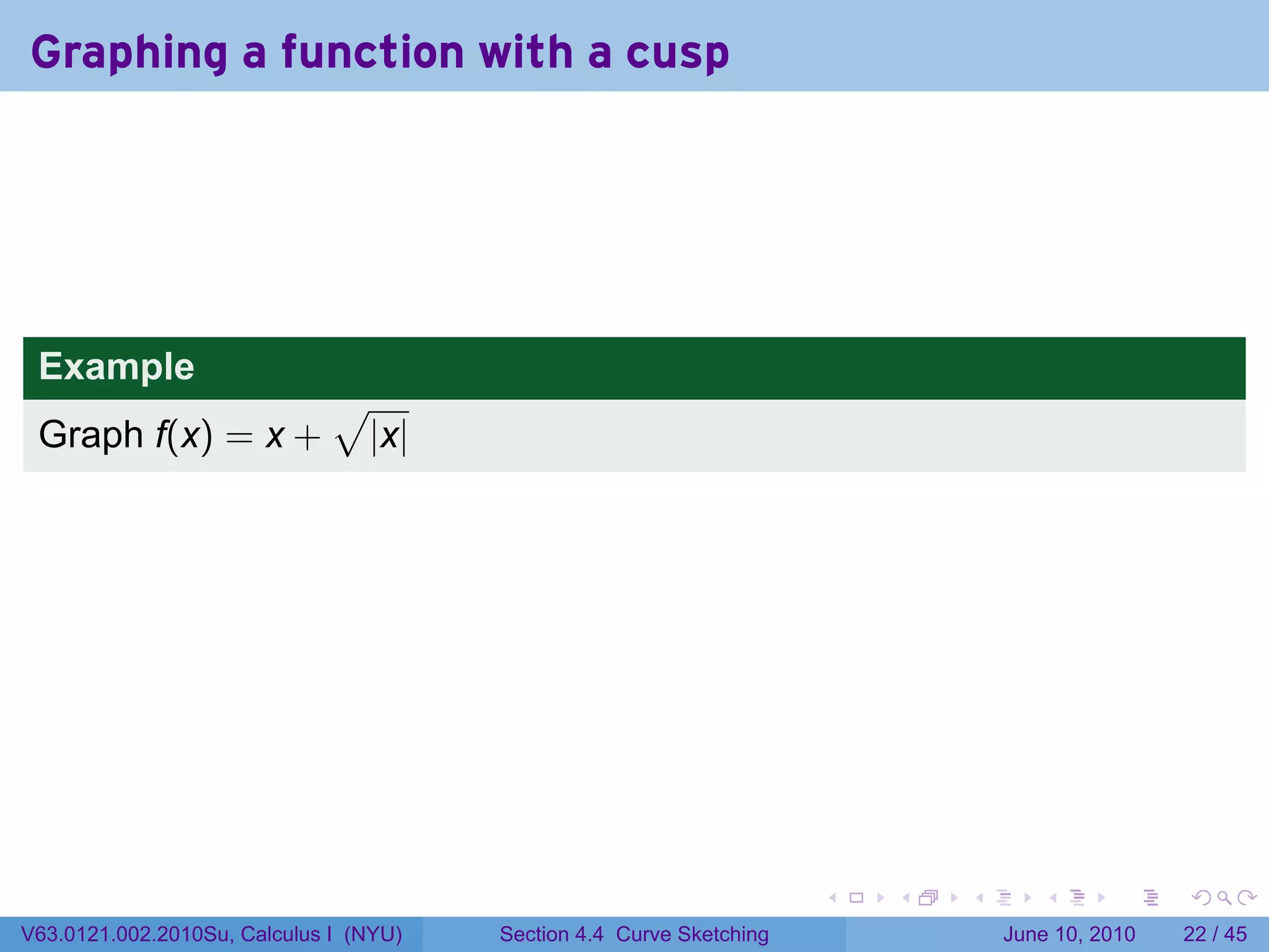 Graphing a function with a cusp




 Example
                              √
 Graph f(x) = x +                 |x|




                                                                      .   .   .      .       .    .

V63.0121.002.2010Su, Calculus I (NYU)   Section 4.4 Curve Sketching               June 10, 2010   22 / 45
 