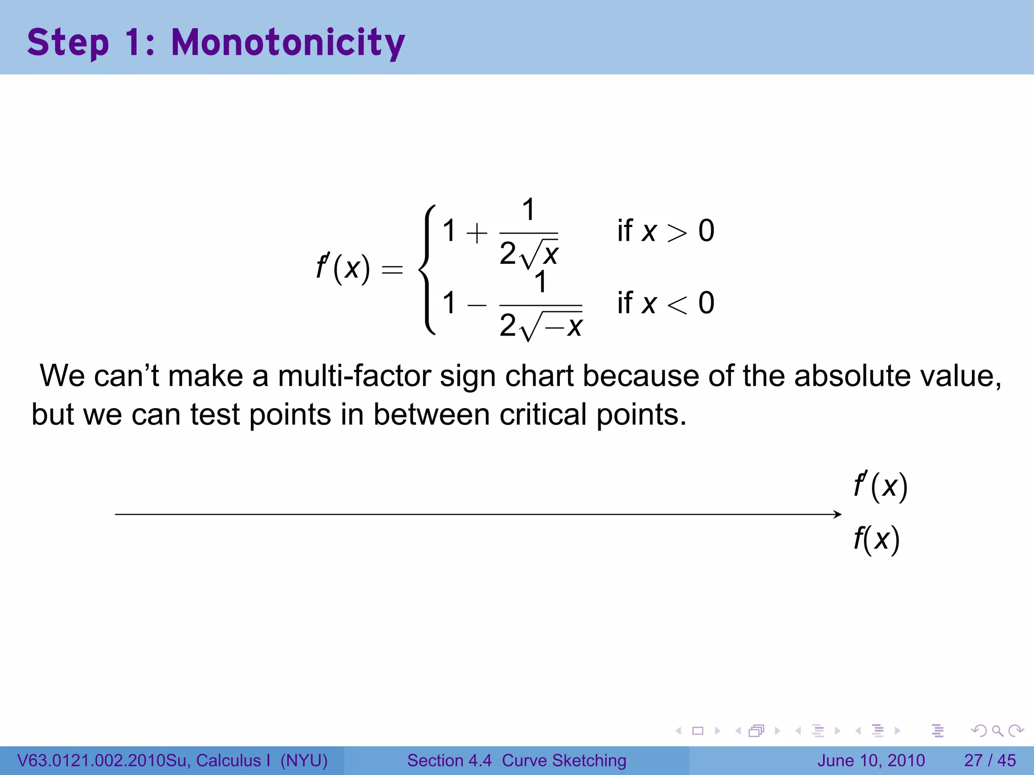 Step 1: Monotonicity


                                                1
                                            1 + √
                                                                if x > 0
                                   f′ (x) =     2 x
                                            1 − √
                                                 1
                                                                 if x < 0
                                                2 −x
 We can’t make a multi-factor sign chart because of the absolute value,
 but we can test points in between critical points.

                                                                                           .′ (x)
                                                                                           f
                                                     .
                                                                                           f
                                                                                           .(x)




                                                                      .     .   .      .          .   .

V63.0121.002.2010Su, Calculus I (NYU)   Section 4.4 Curve Sketching                 June 10, 2010     27 / 45
 