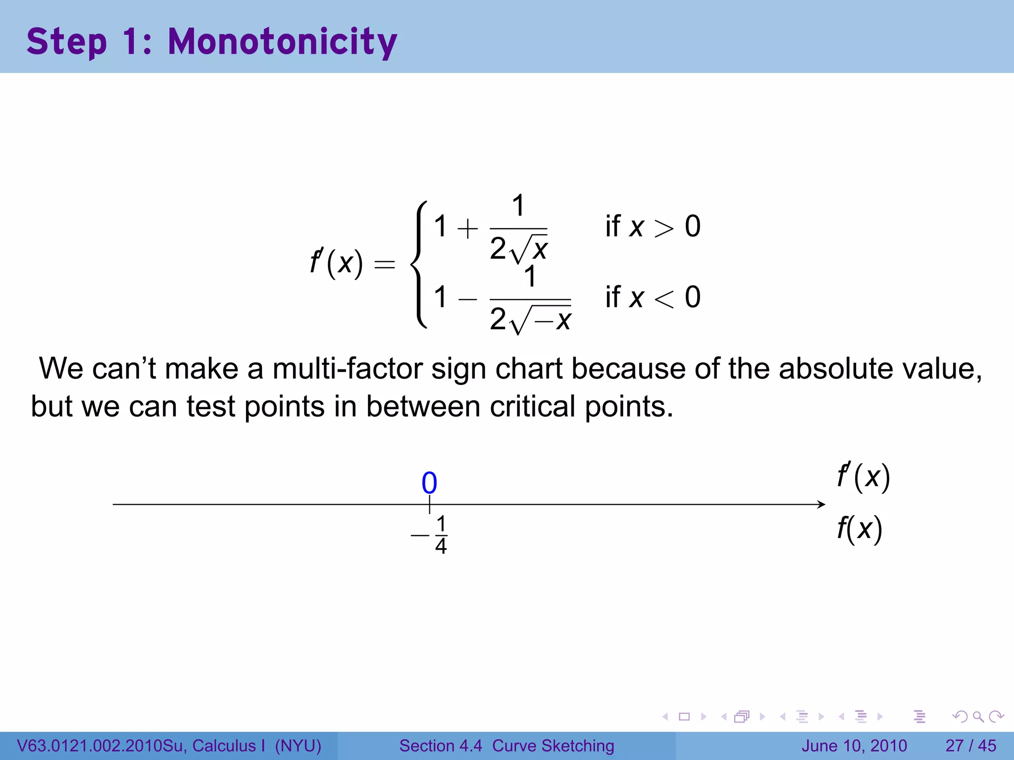 Step 1: Monotonicity


                                                1
                                            1 + √
                                                                if x > 0
                                   f′ (x) =     2 x
                                            1 − √
                                                 1
                                                                 if x < 0
                                                2 −x
 We can’t make a multi-factor sign chart because of the absolute value,
 but we can test points in between critical points.

                                          0
                                          ..                                               .′ (x)
                                                                                           f
                                                     .
                                         −4
                                         . 1                                               f
                                                                                           .(x)




                                                                      .     .   .      .          .   .

V63.0121.002.2010Su, Calculus I (NYU)   Section 4.4 Curve Sketching                 June 10, 2010     27 / 45
 