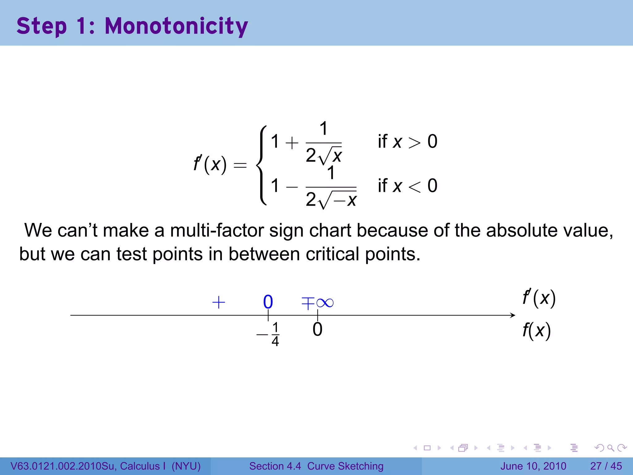Step 1: Monotonicity


                                                1
                                            1 + √
                                                                    if x > 0
                                   f′ (x) =     2 x
                                            1 − √
                                                 1
                                                                     if x < 0
                                                2 −x
 We can’t make a multi-factor sign chart because of the absolute value,
 but we can test points in between critical points.

                                        .
                                        +     0
                                              ..      ∓.
                                                      . ∞                                      .′ (x)
                                                                                               f
                                             −4
                                             . 1        0
                                                        .                                      f
                                                                                               .(x)




                                                                          .     .   .      .          .   .

V63.0121.002.2010Su, Calculus I (NYU)       Section 4.4 Curve Sketching                 June 10, 2010     27 / 45
 