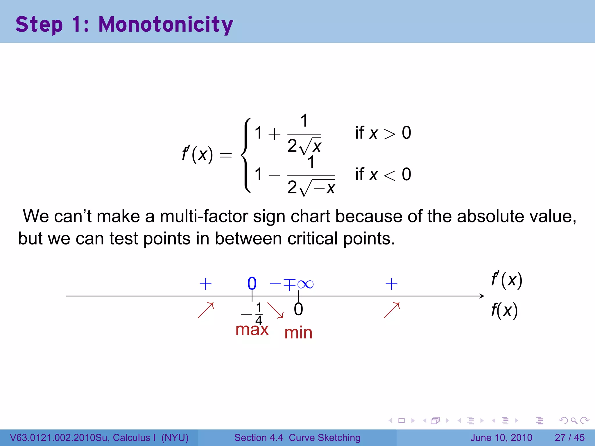 Step 1: Monotonicity


                                                1
                                            1 + √
                                                                      if x > 0
                                   f′ (x) =     2 x
                                            1 − √
                                                 1
                                                                       if x < 0
                                                2 −x
 We can’t make a multi-factor sign chart because of the absolute value,
 but we can test points in between critical points.

                                        .
                                        +      0 −∓ .
                                               .. . . ∞                     .
                                                                            +                    .′ (x)
                                                                                                 f
                                        ↗
                                        .     −4 ↘ 0
                                              . .1 . .                      ↗
                                                                            .                    f
                                                                                                 .(x)
                                          .
                                              max min



                                                                            .     .   .      .          .   .

V63.0121.002.2010Su, Calculus I (NYU)         Section 4.4 Curve Sketching                 June 10, 2010     27 / 45
 
