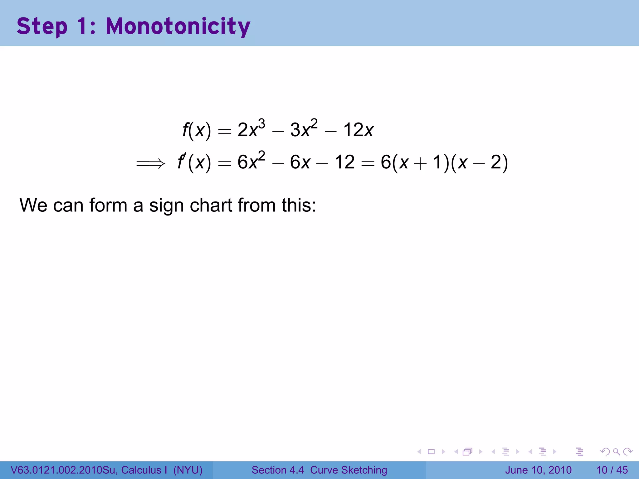 Step 1: Monotonicity



                                 f(x) = 2x3 − 3x2 − 12x
                        =⇒ f′ (x) = 6x2 − 6x − 12 = 6(x + 1)(x − 2)

 We can form a sign chart from this:

                                        .




                                                                          .   .   .      .       .    .

V63.0121.002.2010Su, Calculus I (NYU)       Section 4.4 Curve Sketching               June 10, 2010   10 / 45
 
