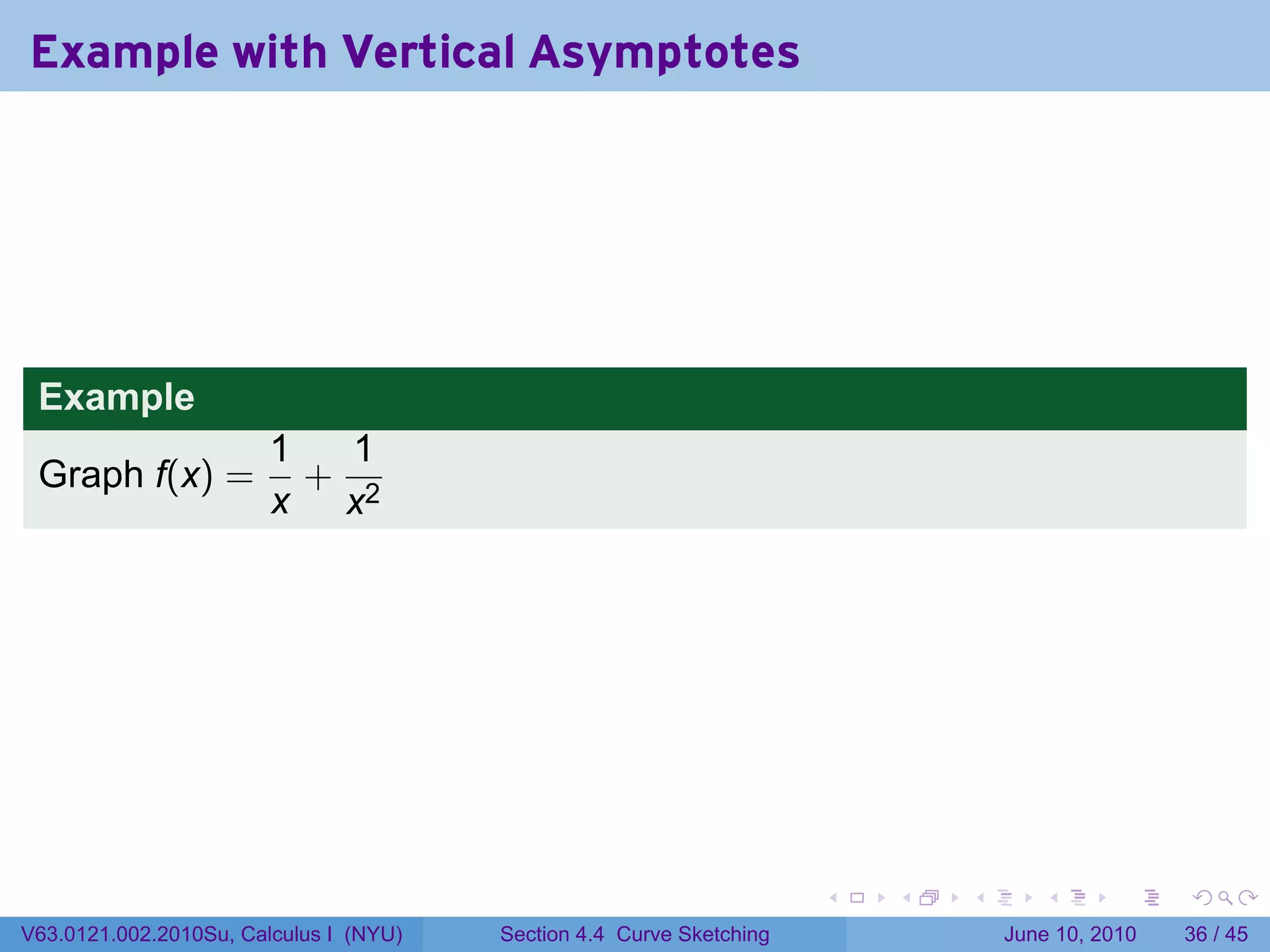 Example with Vertical Asymptotes




 Example
                        1   1
 Graph f(x) =             + 2
                        x x




                                                                      .   .   .      .       .    .

V63.0121.002.2010Su, Calculus I (NYU)   Section 4.4 Curve Sketching               June 10, 2010   36 / 45
 
