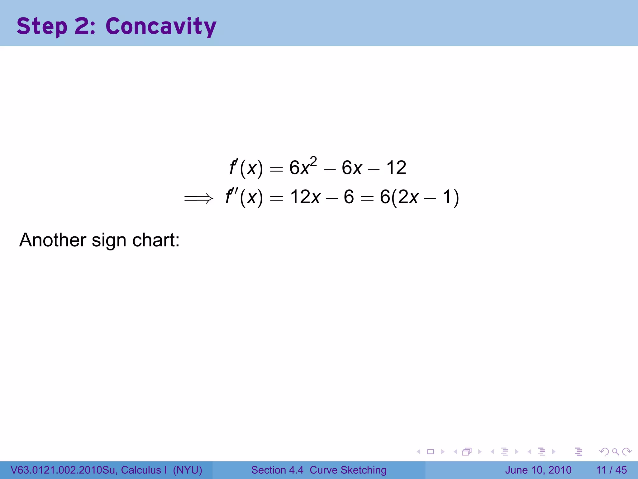 Step 2: Concavity




                                        f′ (x) = 6x2 − 6x − 12
                                 =⇒ f′′ (x) = 12x − 6 = 6(2x − 1)

 Another sign chart:                     .




                                                                           .   .   .      .      .     .

V63.0121.002.2010Su, Calculus I (NYU)        Section 4.4 Curve Sketching               June 10, 2010   11 / 45
 