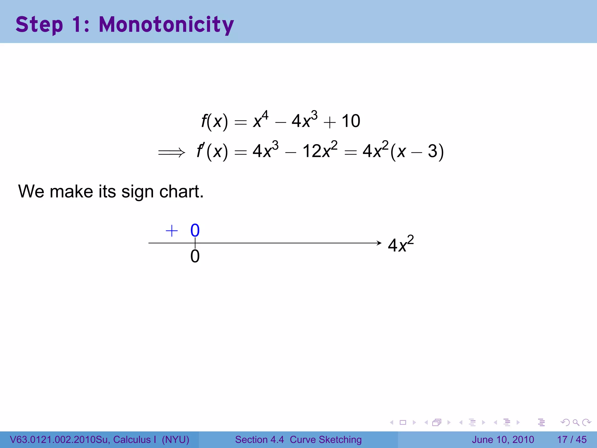 Step 1: Monotonicity



                                        f(x) = x4 − 4x3 + 10
                              =⇒ f′ (x) = 4x3 − 12x2 = 4x2 (x − 3)

 We make its sign chart.

                               . ..
                               + 0
                                                                          . x2
                                                                          4
                                 0
                                 .




                                                                          .      .   .      .       .    .

V63.0121.002.2010Su, Calculus I (NYU)       Section 4.4 Curve Sketching                  June 10, 2010   17 / 45
 