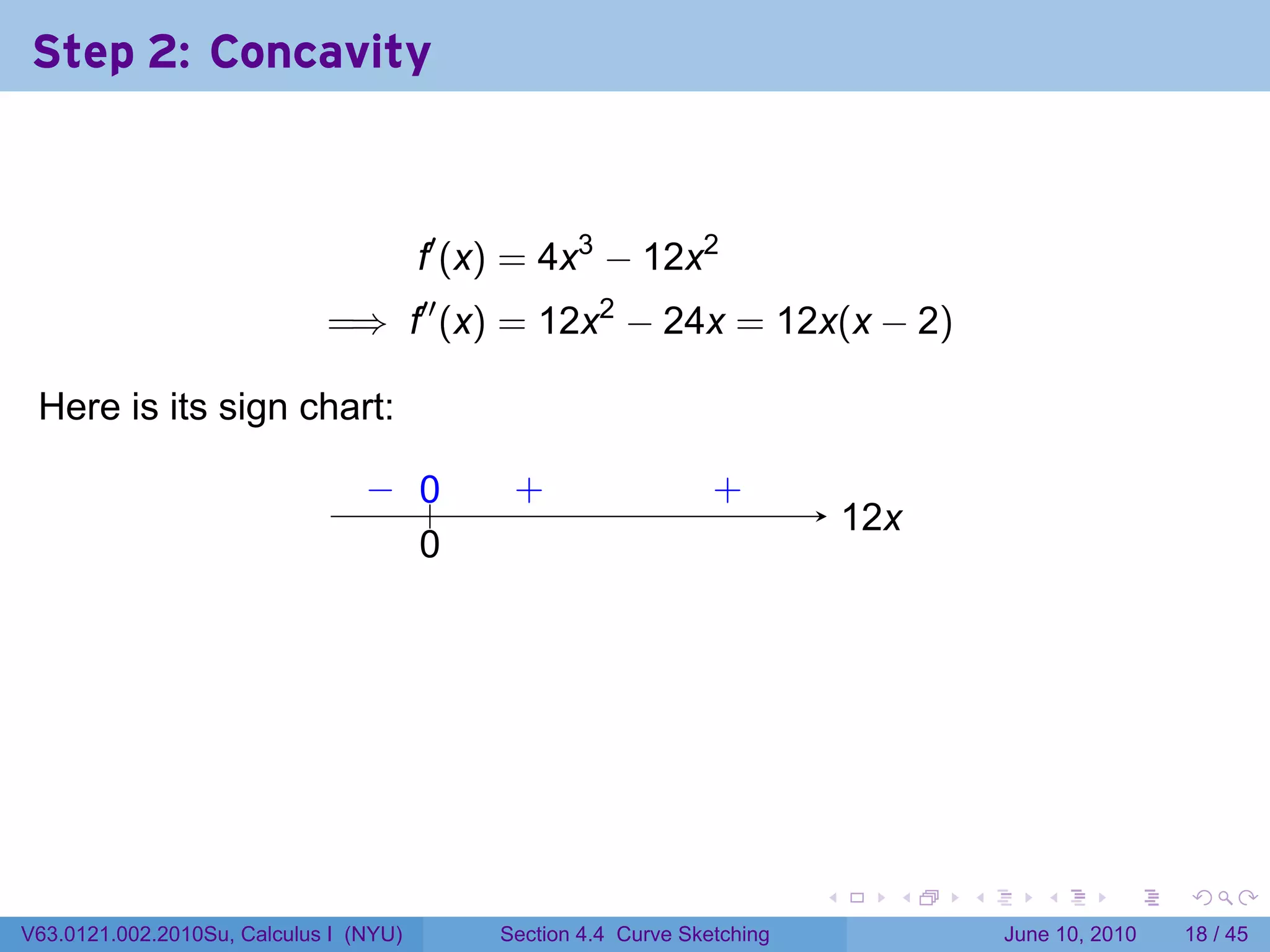 Step 2: Concavity



                                        f′ (x) = 4x3 − 12x2
                             =⇒ f′′ (x) = 12x2 − 24x = 12x(x − 2)

 Here is its sign chart:

                                 − 0
                                 . ..         .
                                              +                   .
                                                                  +
                                                                               1
                                                                               . 2x
                                   0
                                   .




                                                                           .      .   .      .       .    .

V63.0121.002.2010Su, Calculus I (NYU)        Section 4.4 Curve Sketching                  June 10, 2010   18 / 45
 