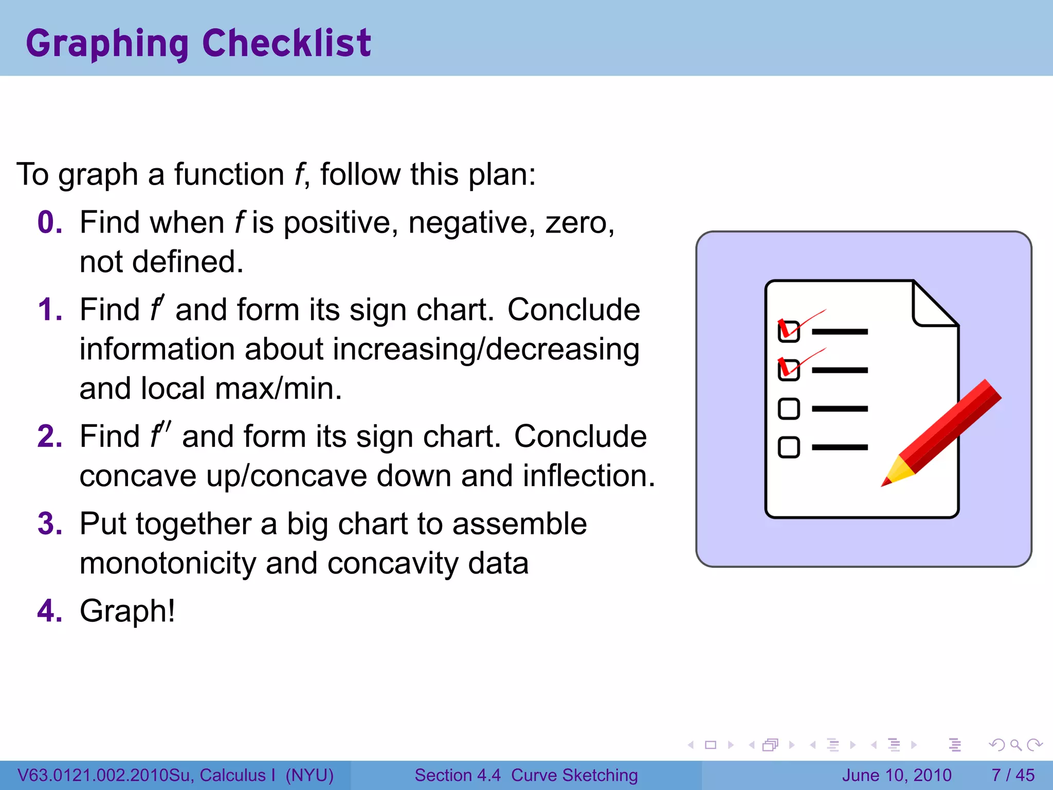 Graphing Checklist


To graph a function f, follow this plan:
  0. Find when f is positive, negative, zero,
     not defined.
  1. Find f′ and form its sign chart. Conclude
     information about increasing/decreasing
     and local max/min.
  2. Find f′′ and form its sign chart. Conclude
     concave up/concave down and inflection.
  3. Put together a big chart to assemble
     monotonicity and concavity data
  4. Graph!



                                                                      .   .   .     .      .      .

V63.0121.002.2010Su, Calculus I (NYU)   Section 4.4 Curve Sketching               June 10, 2010       7 / 45
 