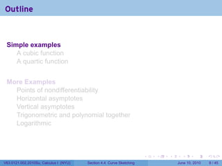 Outline



 Simple examples
    A cubic function
    A quartic function


 More Examples
   Points of nondifferentiability
   Horizontal asymptotes
   Vertical asymptotes
   Trigonometric and polynomial together
   Logarithmic



                                                                      .   .   .     .      .      .

V63.0121.002.2010Su, Calculus I (NYU)   Section 4.4 Curve Sketching               June 10, 2010       8 / 45
 