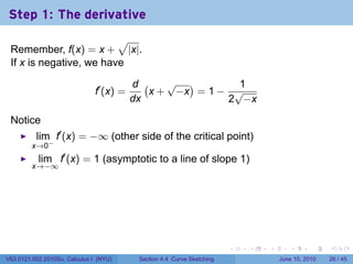 Step 1: The derivative
                         √
 Remember, f(x) = x + |x|.
 If x is negative, we have

                                          d (    √ )        1
                               f′ (x) =       x + −x = 1 − √
                                          dx              2 −x

 Notice
          lim f′ (x) = −∞ (other side of the critical point)
         x→0−
           lim f′ (x) = 1 (asymptotic to a line of slope 1)
         x→−∞




                                                                         .   .   .      .       .    .

V63.0121.002.2010Su, Calculus I (NYU)      Section 4.4 Curve Sketching               June 10, 2010   26 / 45
 