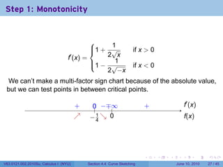 Step 1: Monotonicity


                                                1
                                            1 + √
                                                                    if x > 0
                                   f′ (x) =     2 x
                                            1 − √
                                                 1
                                                                     if x < 0
                                                2 −x
 We can’t make a multi-factor sign chart because of the absolute value,
 but we can test points in between critical points.

                                        .
                                        +     0 −∓ .
                                              .. . . ∞                    .
                                                                          +                    .′ (x)
                                                                                               f
                                        ↗
                                        .    −4 ↘ 0
                                             . 1. .                                            f
                                                                                               .(x)




                                                                          .     .   .      .          .   .

V63.0121.002.2010Su, Calculus I (NYU)       Section 4.4 Curve Sketching                 June 10, 2010     27 / 45
 