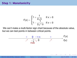 Step 1: Monotonicity


                                                1
                                            1 + √
                                                                      if x > 0
                                   f′ (x) =     2 x
                                            1 − √
                                                 1
                                                                       if x < 0
                                                2 −x
 We can’t make a multi-factor sign chart because of the absolute value,
 but we can test points in between critical points.

                                        .
                                        +      0 −∓ .
                                               .. . . ∞                     .
                                                                            +                    .′ (x)
                                                                                                 f
                                        ↗
                                        .     −4 ↘ 0
                                              . 1. .                        ↗
                                                                            .                    f
                                                                                                 .(x)
                                          .
                                              max



                                                                            .     .   .      .          .   .

V63.0121.002.2010Su, Calculus I (NYU)         Section 4.4 Curve Sketching                 June 10, 2010     27 / 45
 