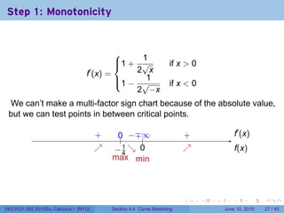Step 1: Monotonicity


                                                1
                                            1 + √
                                                                      if x > 0
                                   f′ (x) =     2 x
                                            1 − √
                                                 1
                                                                       if x < 0
                                                2 −x
 We can’t make a multi-factor sign chart because of the absolute value,
 but we can test points in between critical points.

                                        .
                                        +      0 −∓ .
                                               .. . . ∞                     .
                                                                            +                    .′ (x)
                                                                                                 f
                                        ↗
                                        .     −4 ↘ 0
                                              . .1 . .                      ↗
                                                                            .                    f
                                                                                                 .(x)
                                          .
                                              max min



                                                                            .     .   .      .          .   .

V63.0121.002.2010Su, Calculus I (NYU)         Section 4.4 Curve Sketching                 June 10, 2010     27 / 45
 