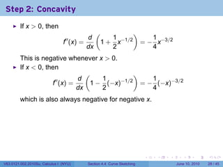 Step 2: Concavity
         If x > 0, then
                                                 (         )
                                            d        1         1
                                f′′ (x) =         1 + x−1/2 = − x−3/2
                                            dx       2         4
         This is negative whenever x > 0.
         If x < 0, then
                                (              )
                      ′′     d      1     −1/2      1
                     f (x) =     1 − (−x)        = − (−x)−3/2
                             dx     2               4
         which is also always negative for negative x.




                                                                          .   .   .      .       .    .

V63.0121.002.2010Su, Calculus I (NYU)       Section 4.4 Curve Sketching               June 10, 2010   28 / 45
 