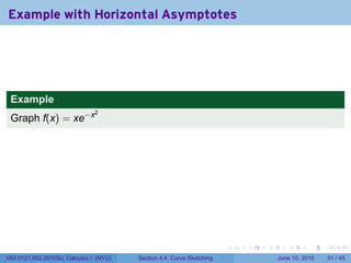 Example with Horizontal Asymptotes




 Example
 Graph f(x) = xe−x
                               2




                                                                      .   .   .      .       .    .

V63.0121.002.2010Su, Calculus I (NYU)   Section 4.4 Curve Sketching               June 10, 2010   31 / 45
 