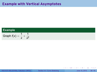 Example with Vertical Asymptotes




 Example
                        1   1
 Graph f(x) =             + 2
                        x x




                                                                      .   .   .      .       .    .

V63.0121.002.2010Su, Calculus I (NYU)   Section 4.4 Curve Sketching               June 10, 2010   36 / 45
 