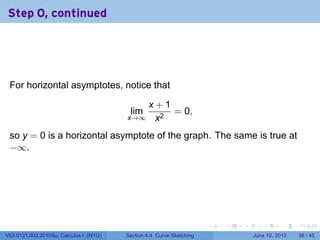 Step 0, continued




 For horizontal asymptotes, notice that

                                           x+1
                                         lim   = 0,
                                        x→∞ x2

 so y = 0 is a horizontal asymptote of the graph. The same is true at
 −∞.




                                                                      .   .   .      .       .    .

V63.0121.002.2010Su, Calculus I (NYU)   Section 4.4 Curve Sketching               June 10, 2010   38 / 45
 